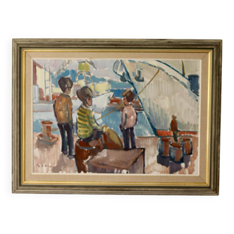 Peinture à l'huile sur toile originale suédoise du milieu du siècle " Harbour " - par Nils Sewerin - Vintage et encadrée