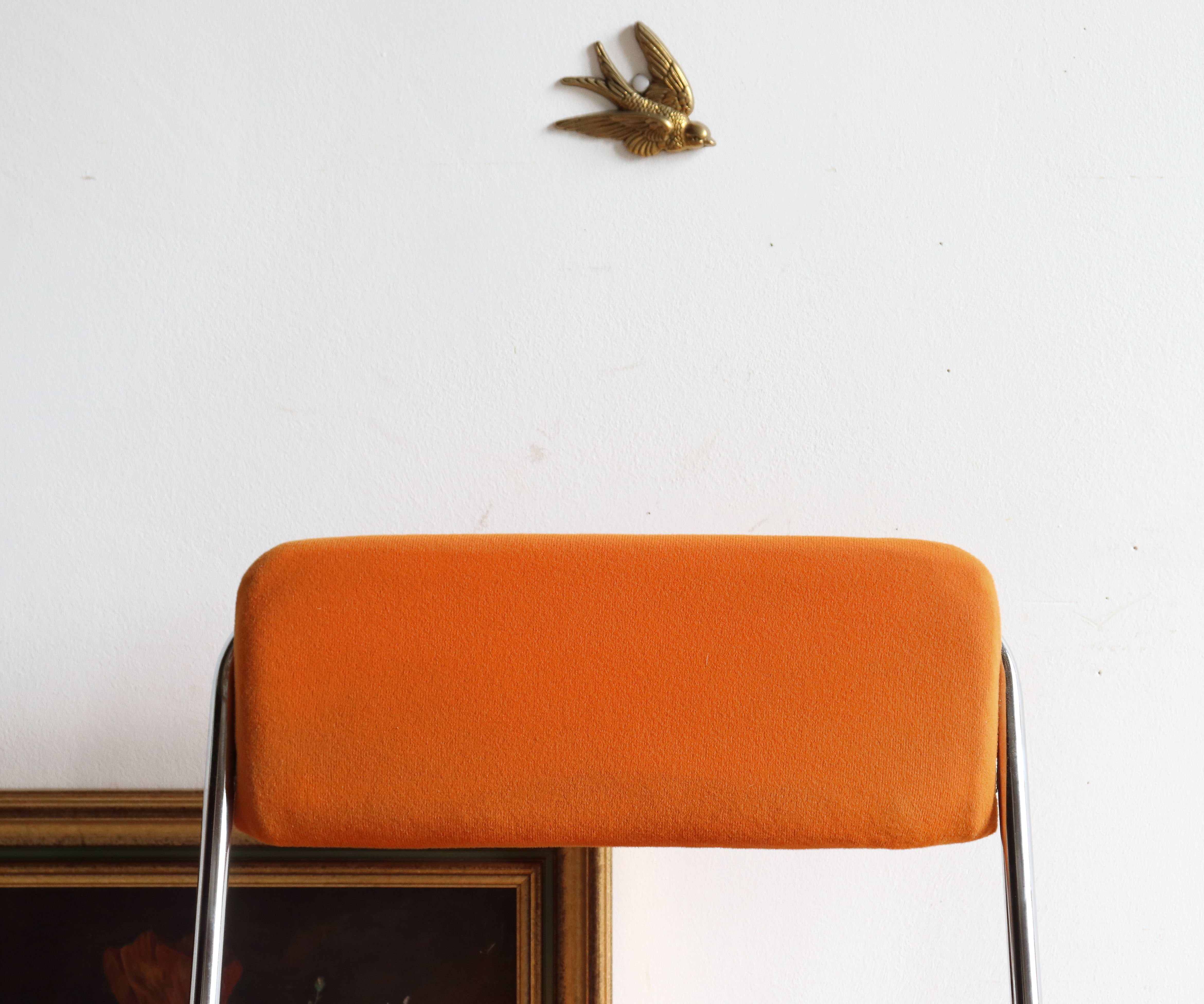 Folding chair in chrome metal and orange fabric 1970