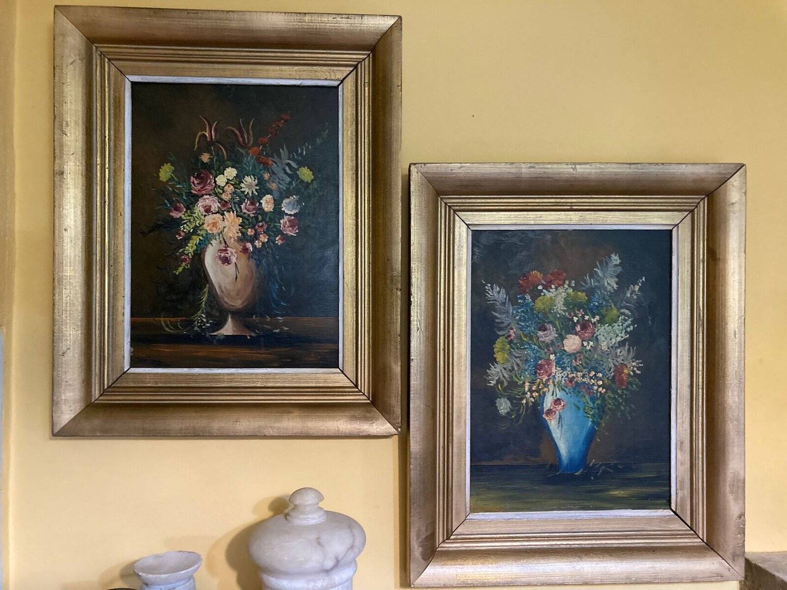 F. Domínguez, floral bodegones, 1945, oil on cardboard box, game of 2