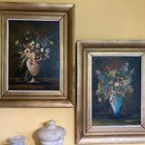 F. Domínguez, floral bodegones, 1945, oil on cardboard box, game of 2