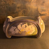 Northern hamage planter in purple color, gold edging and decorated with stenciled white lily flowers.