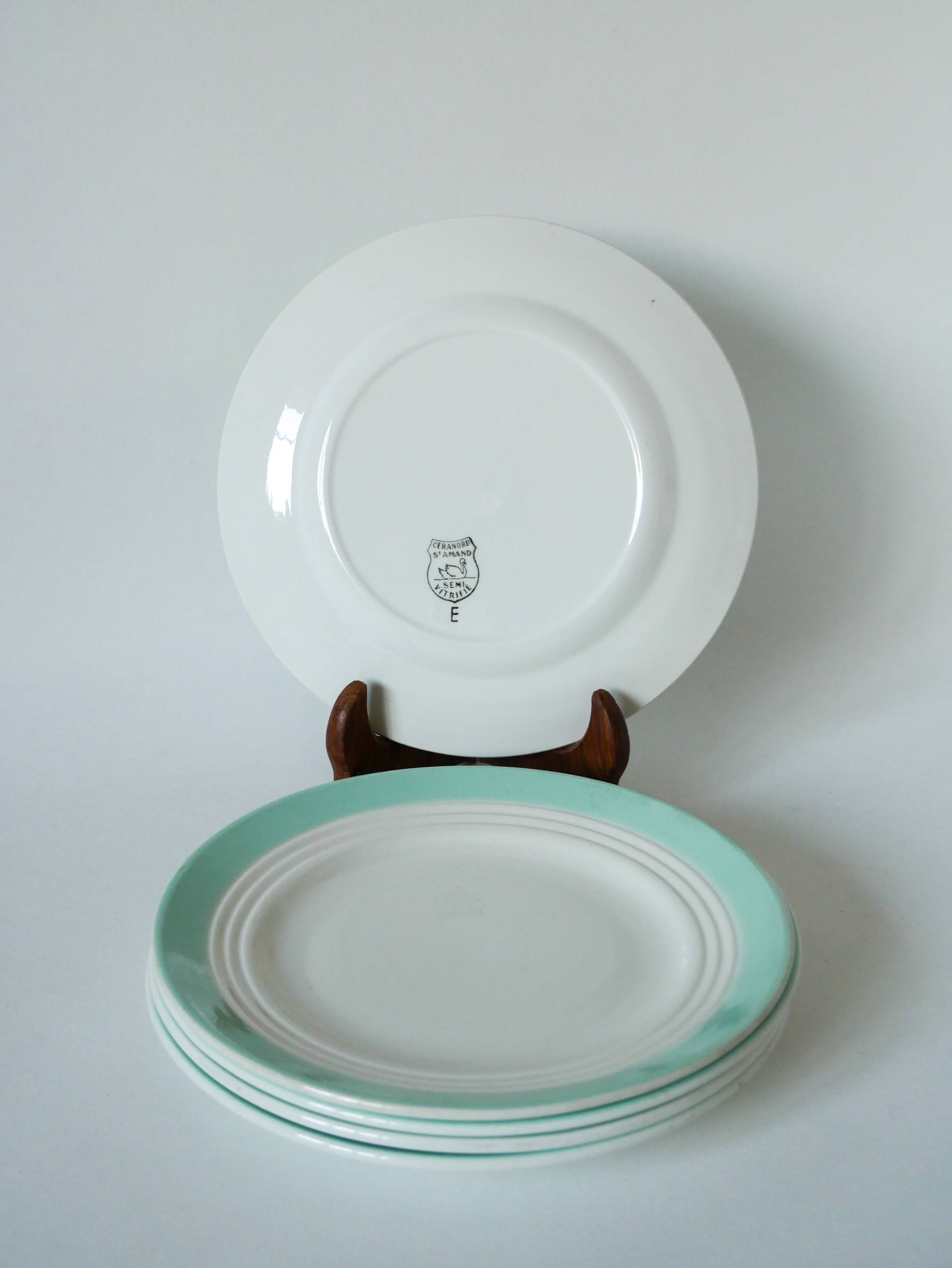 Set of 5 Saint-Smand dessert plates with mint colored edge, 1950
