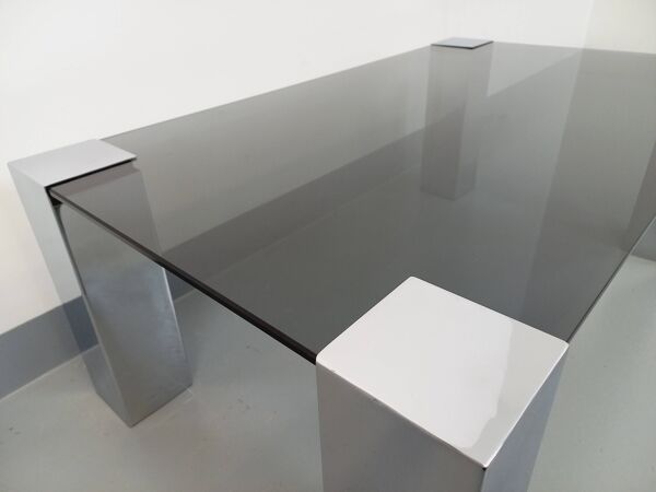 Table basse italienne vintage cidue en verre fumé et métal chromé des années 70