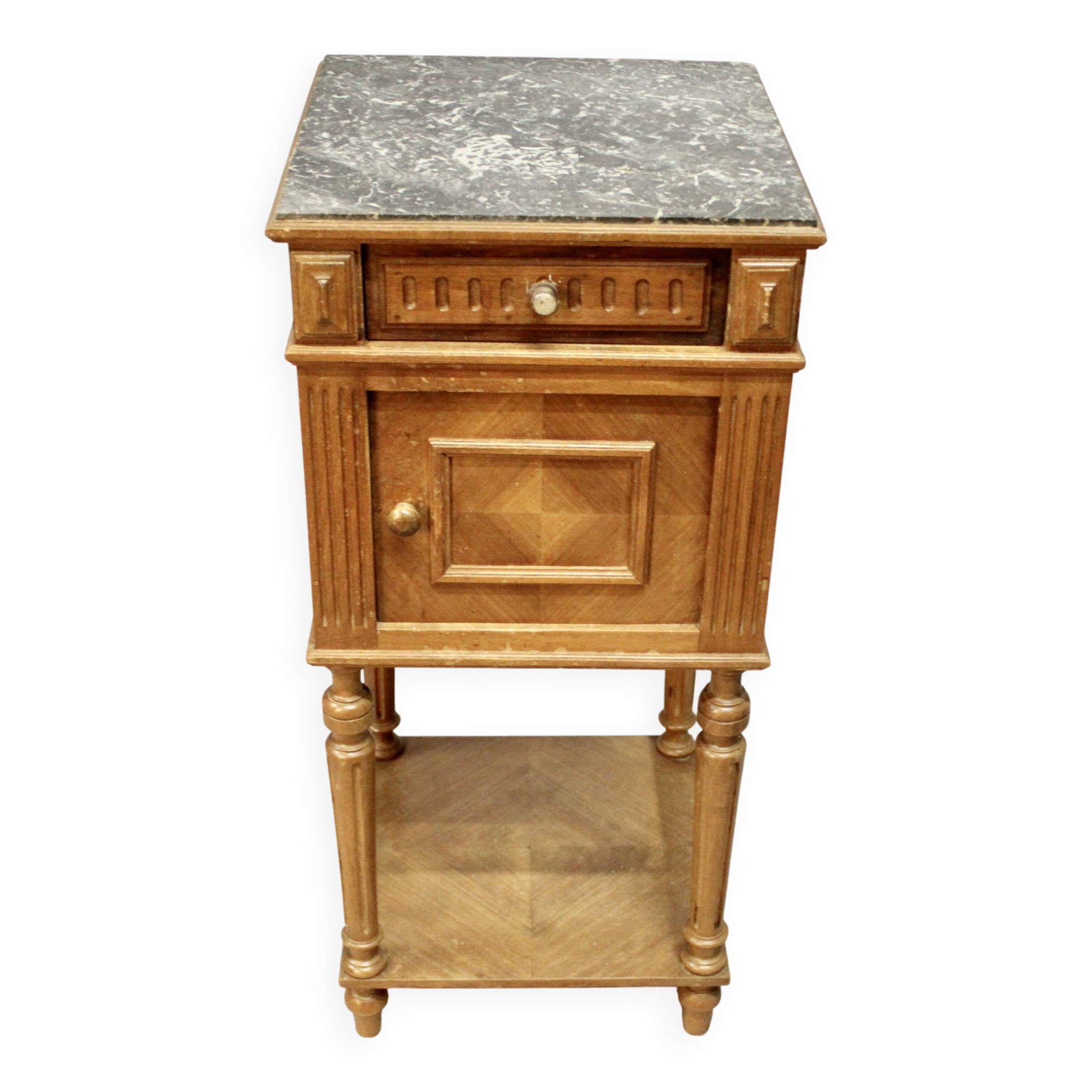 Antique bedside table in marble and wood, 1 drawer.