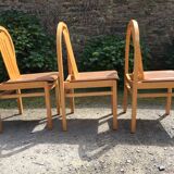 Vintage Baumann chairs in beech, seats in beige brown Skaï, series of 6.