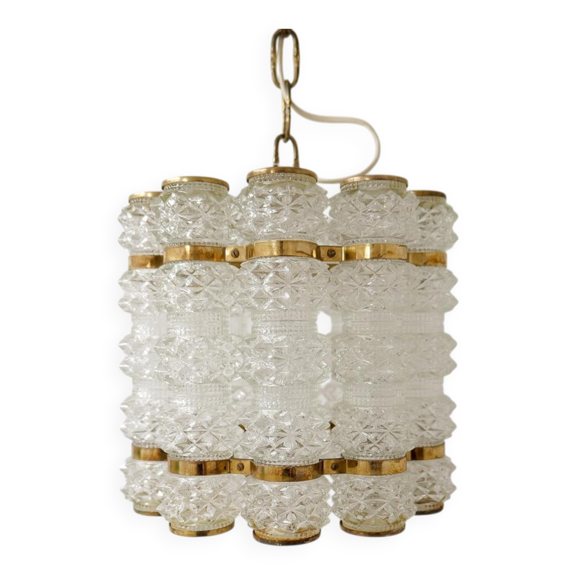 Cylindrical brass and crystal chandelier by Tyringe for Orrefors, Sweden.
