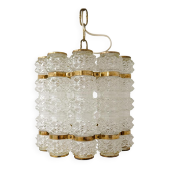 Cylindrical brass and crystal chandelier by Tyringe for Orrefors, Sweden.