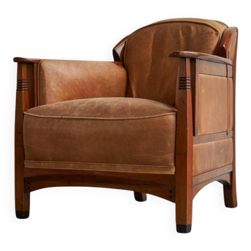 Fauteuil Art Déco en chêne massif et cuir par Frits Schuitema