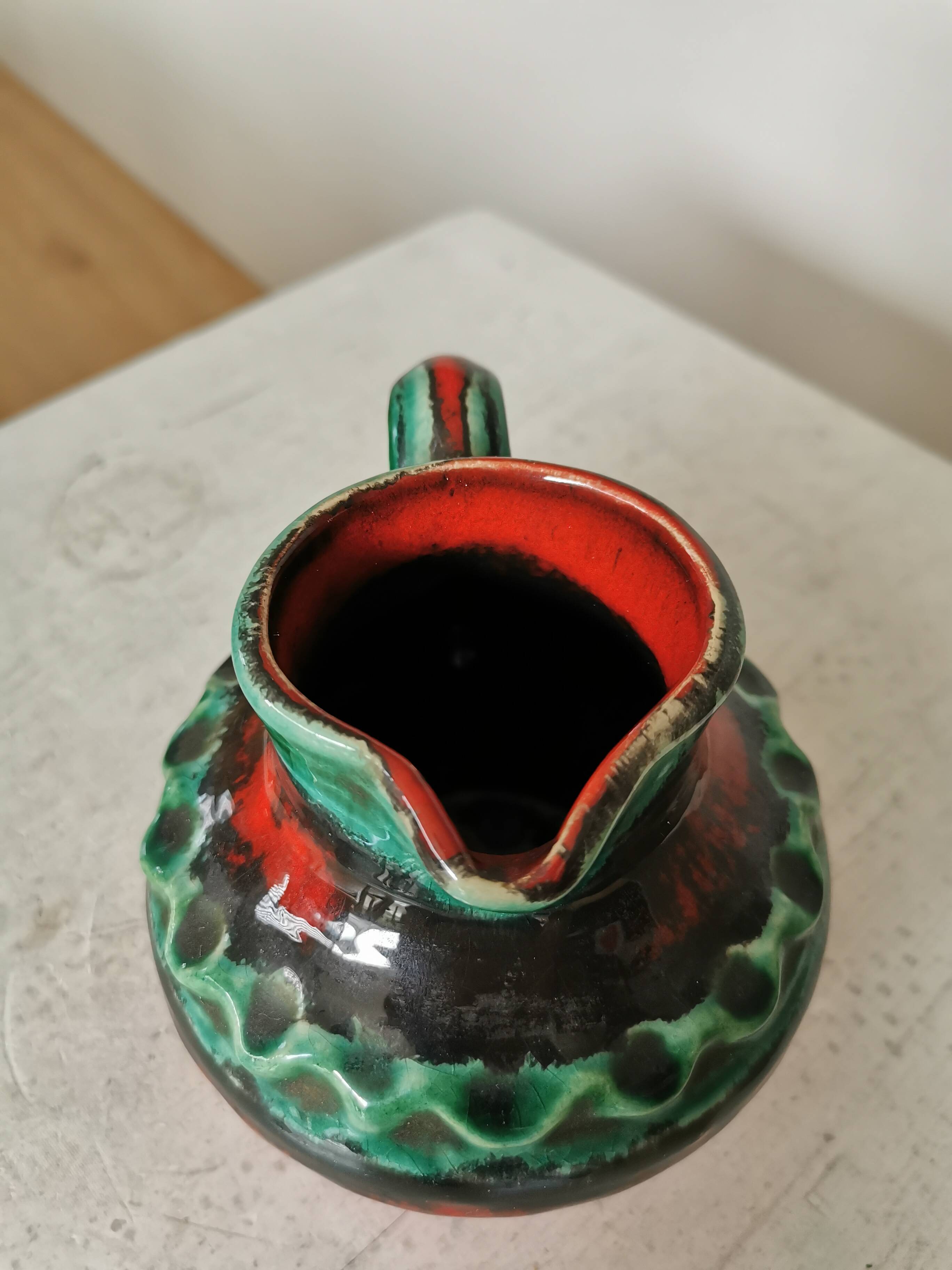 Fat Lava Pitcher Vase: Red Black Green Glaze, West German Pottery