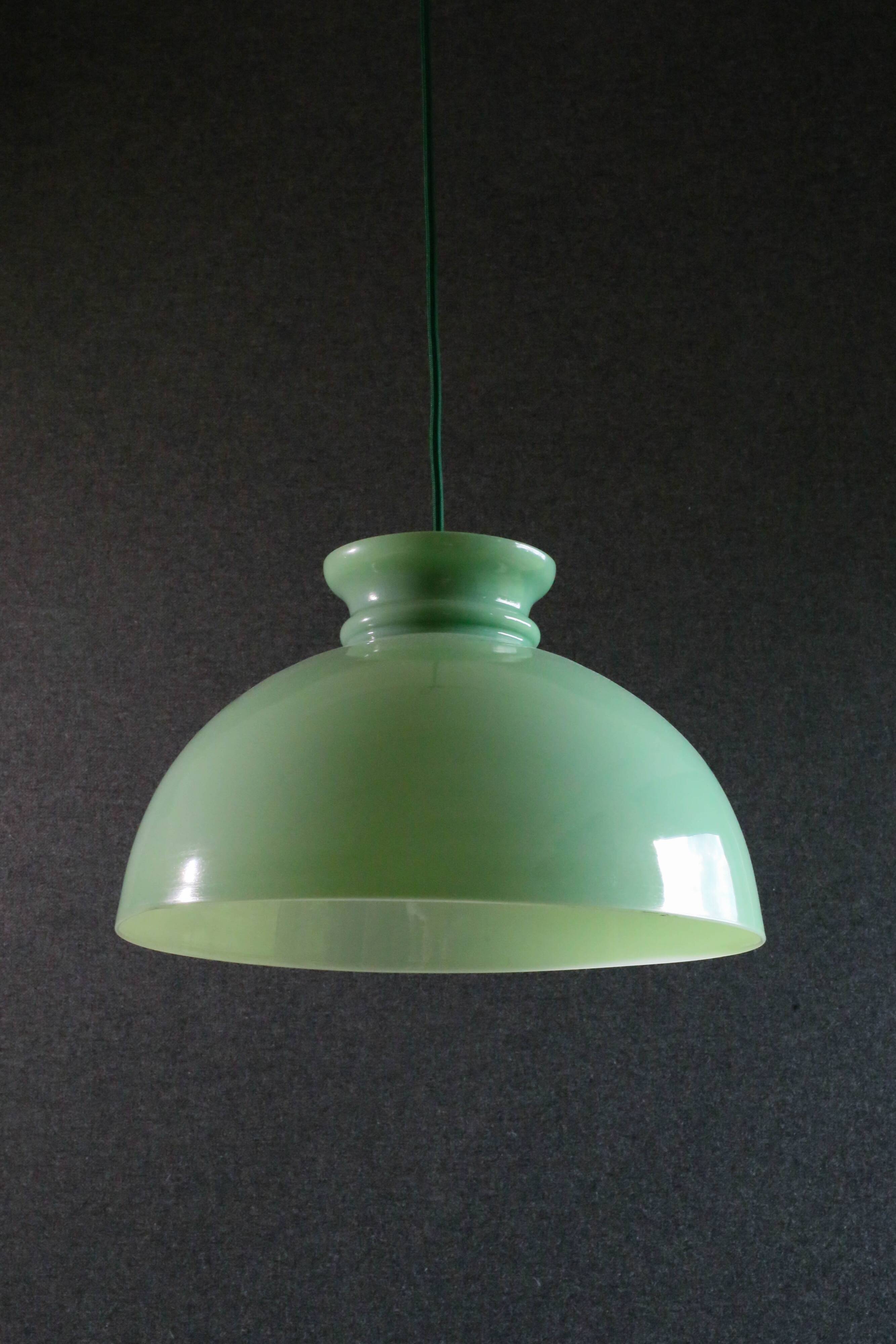 Old semi-round opaline pendant light in green glass - large model - circa 1950