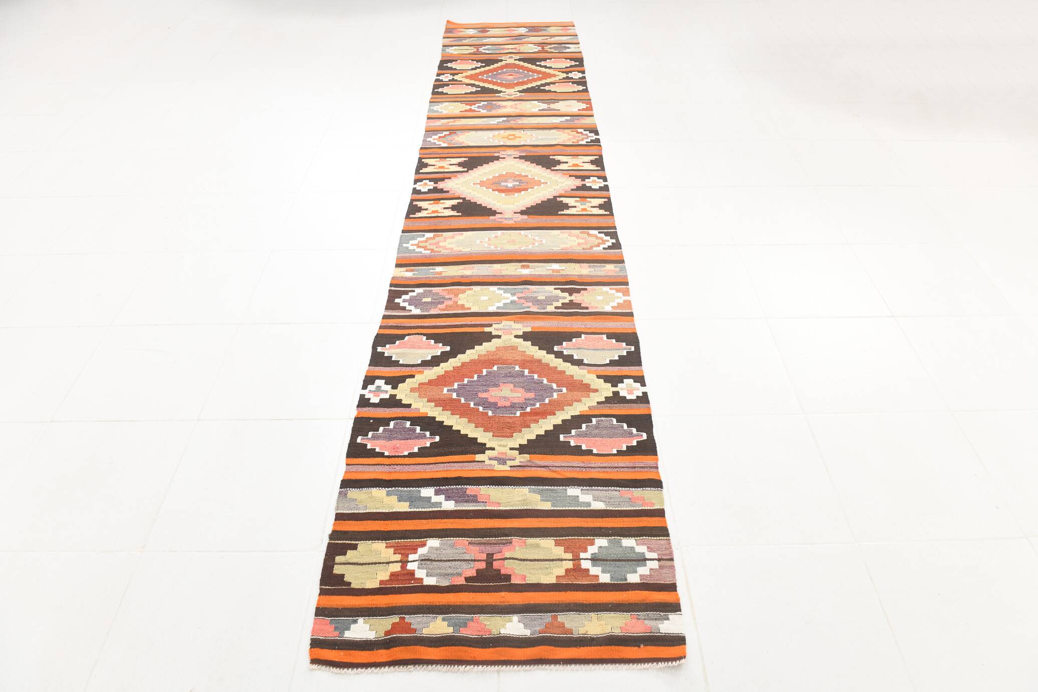Pink & Brown Turkish Vintage Kilim Runner Rug, 77x387Cm