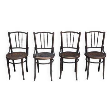 Set of 4 Thonet chairs in brown wood, 1930s bistro design, Art Nouveau curved backrest.