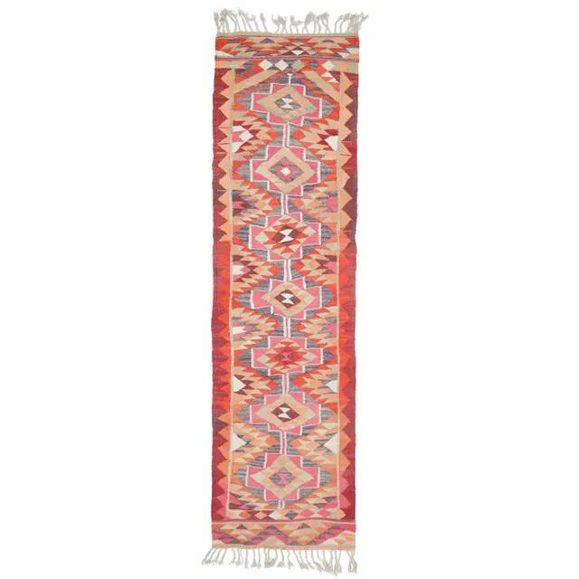 1970s Vintage Turkish Hand-Knotted Wool Cotton Pink Runner Rug 92x343