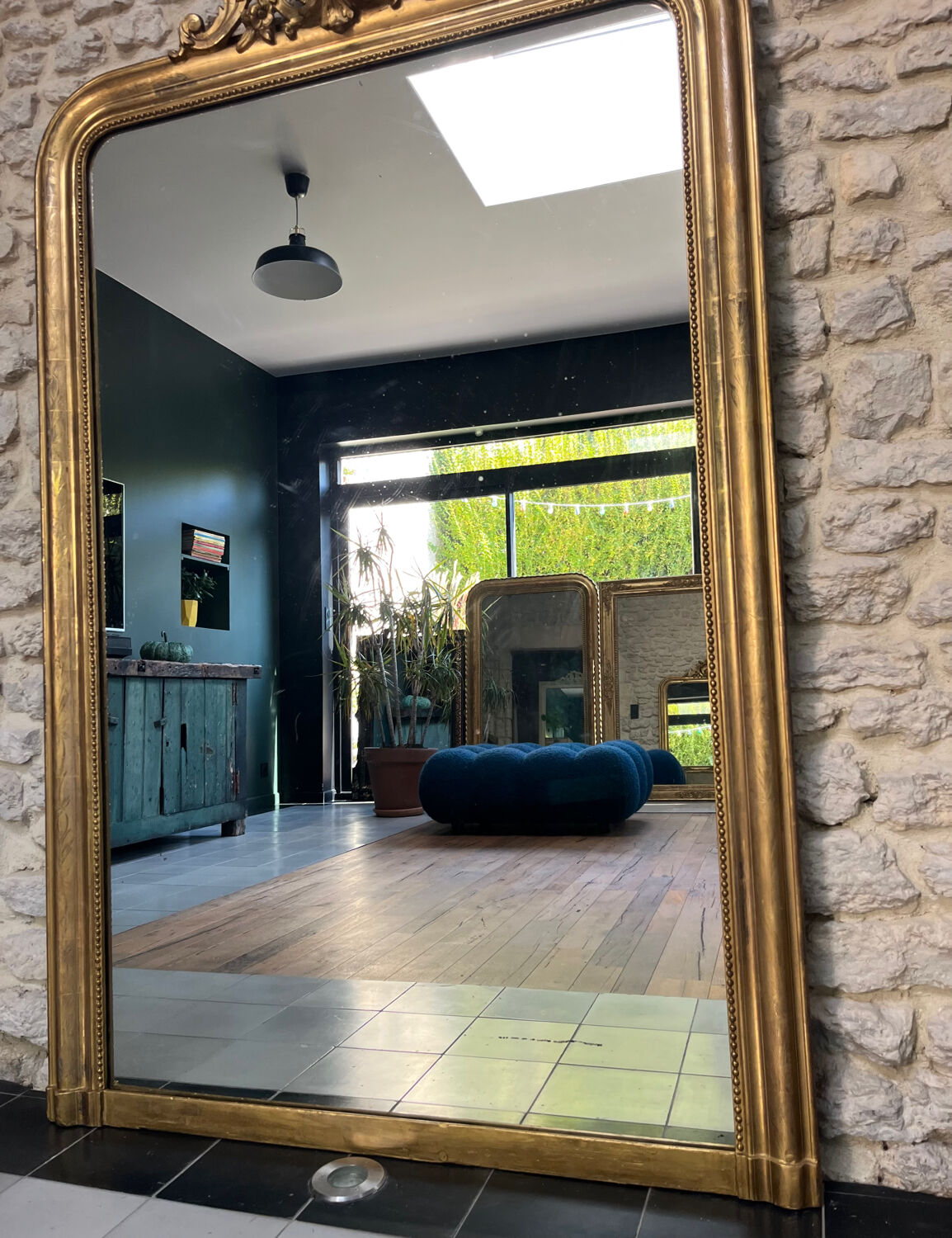 Antique Louis-Philippe mirror with pediment and gilt beading