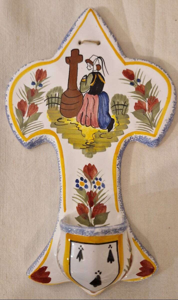 Henriot Quimper faience holy water font 20th century