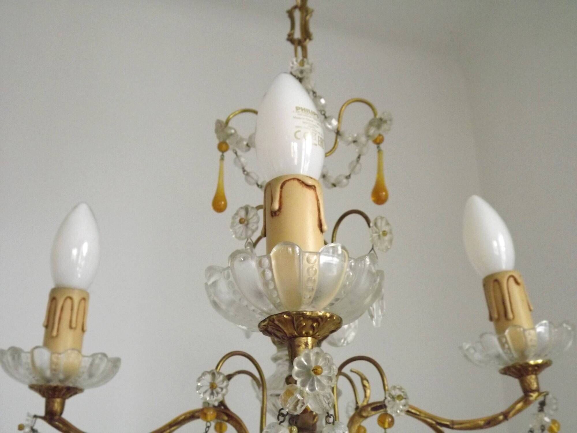 Vintage 4-Light Bronze, Glass & Crystal Chandelier with Amber Glass Drops