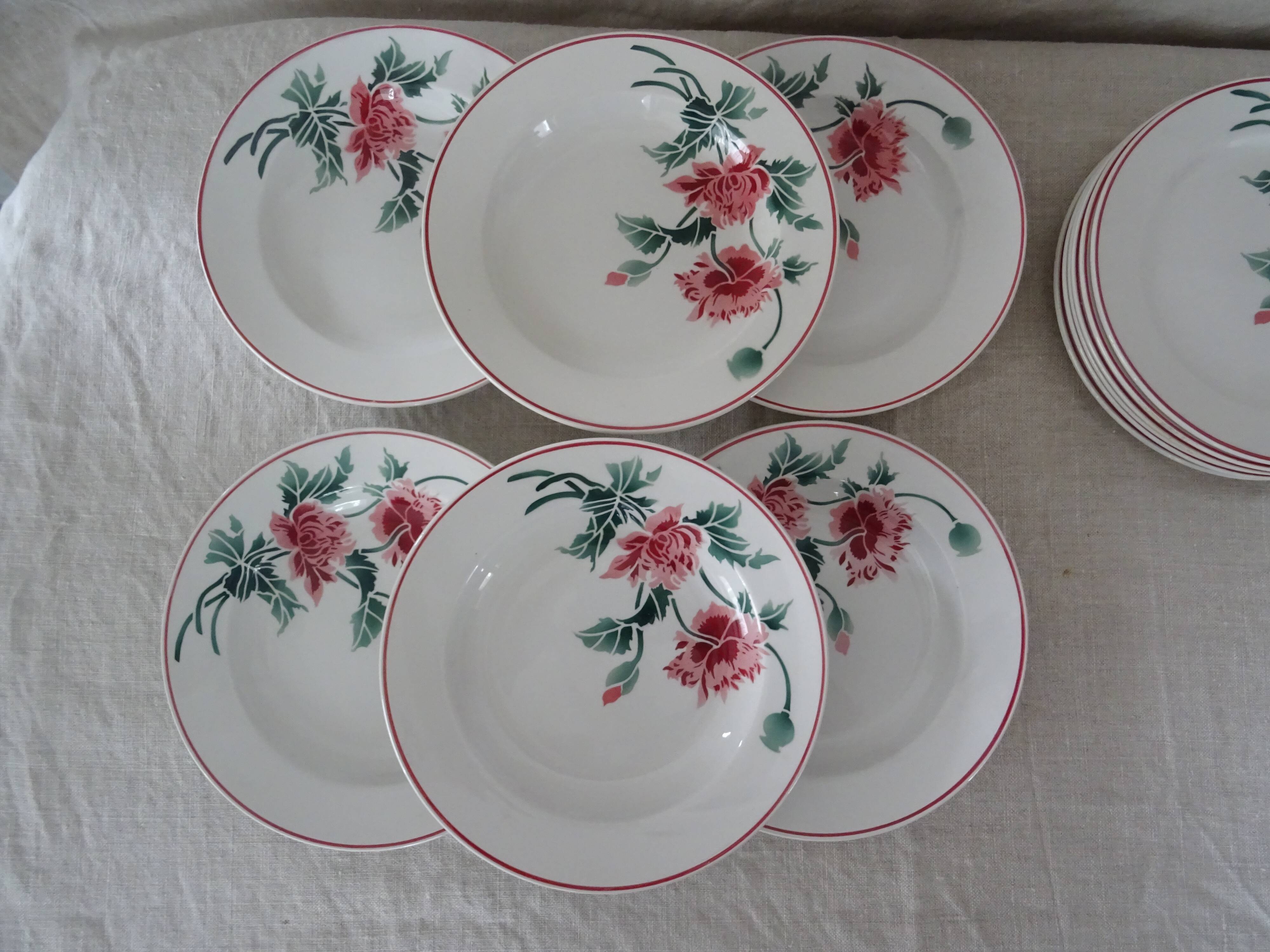 12 plates old flat and hollow HBCM Creil Montereau Luxeuil carnations