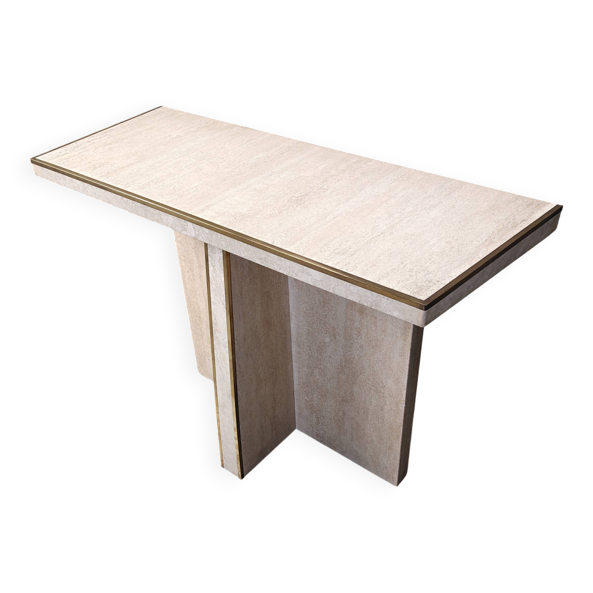 Vintage travertine and brass console table, 1970s