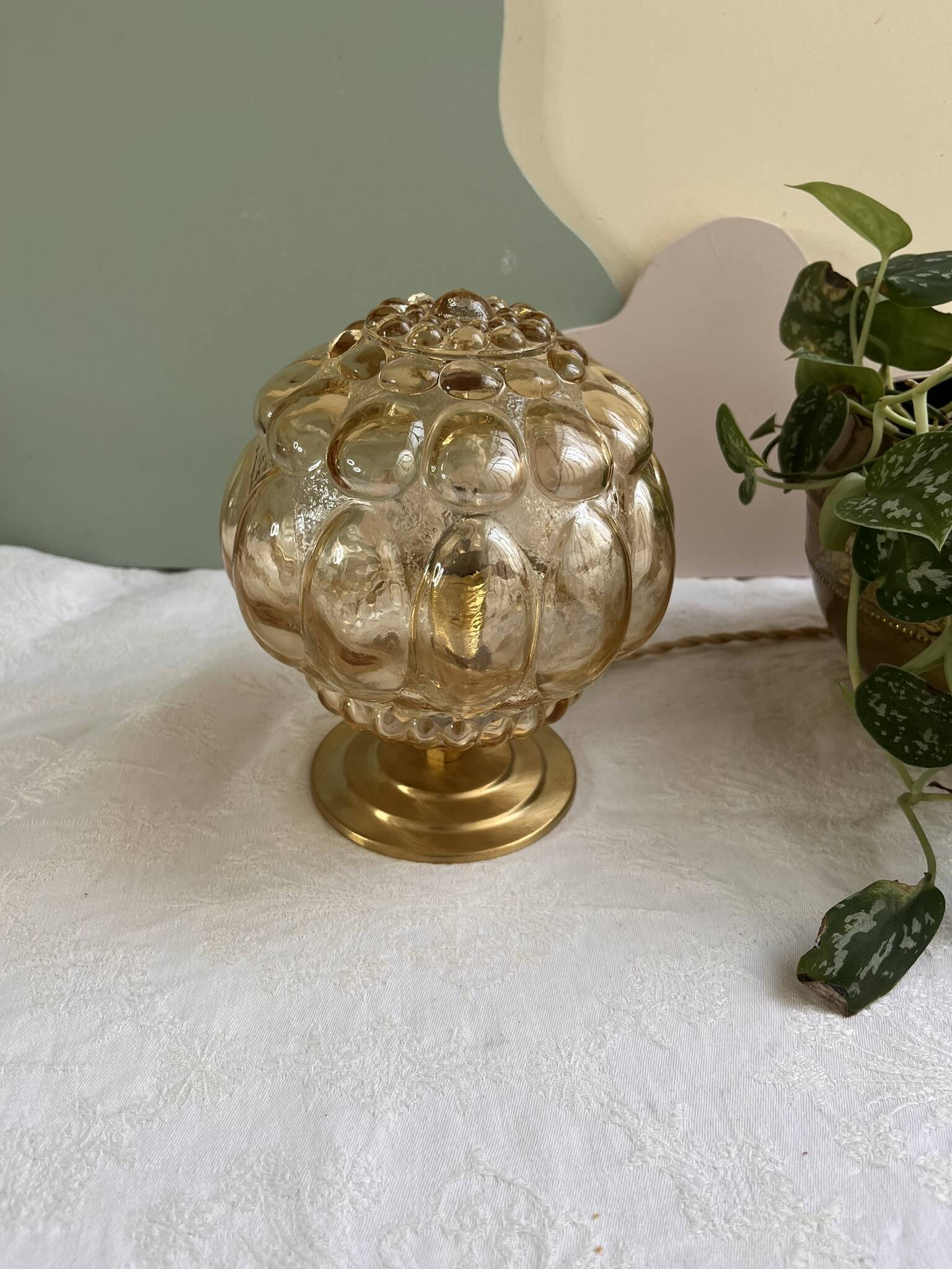 Vintage glass table lamp - amber bubble globe
