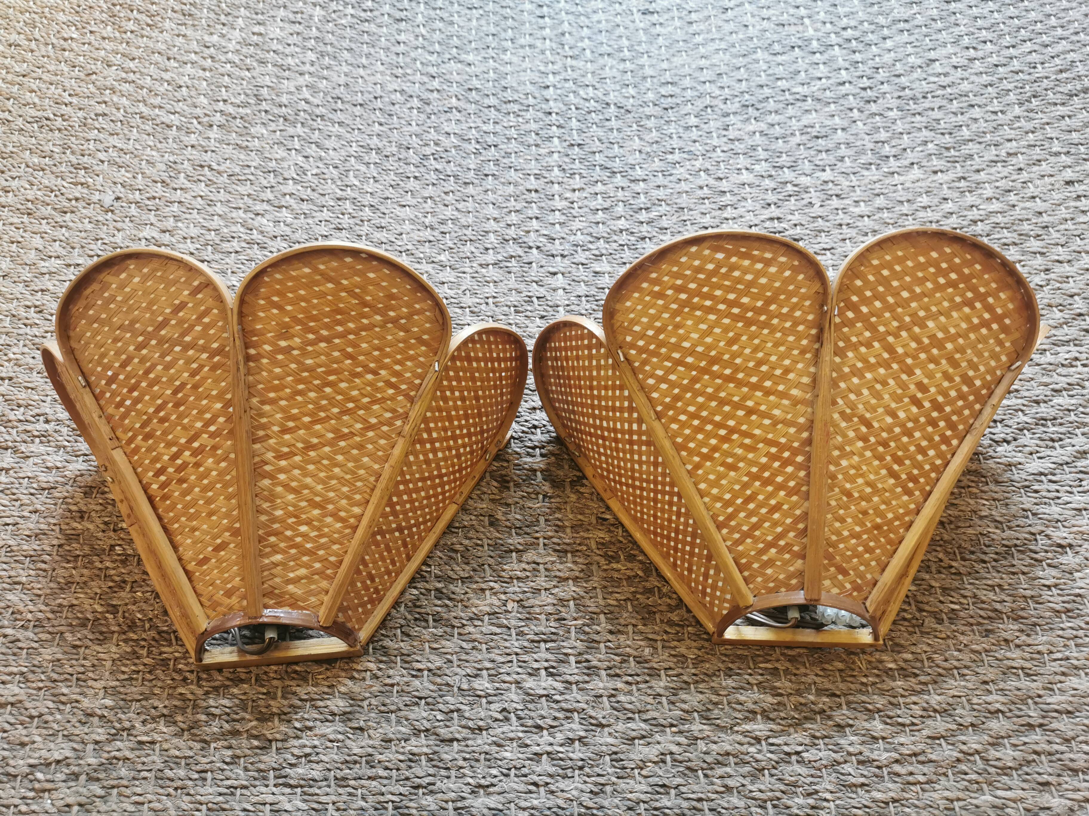 Pair of vintage "tulip" wall lights in rattan and canework
