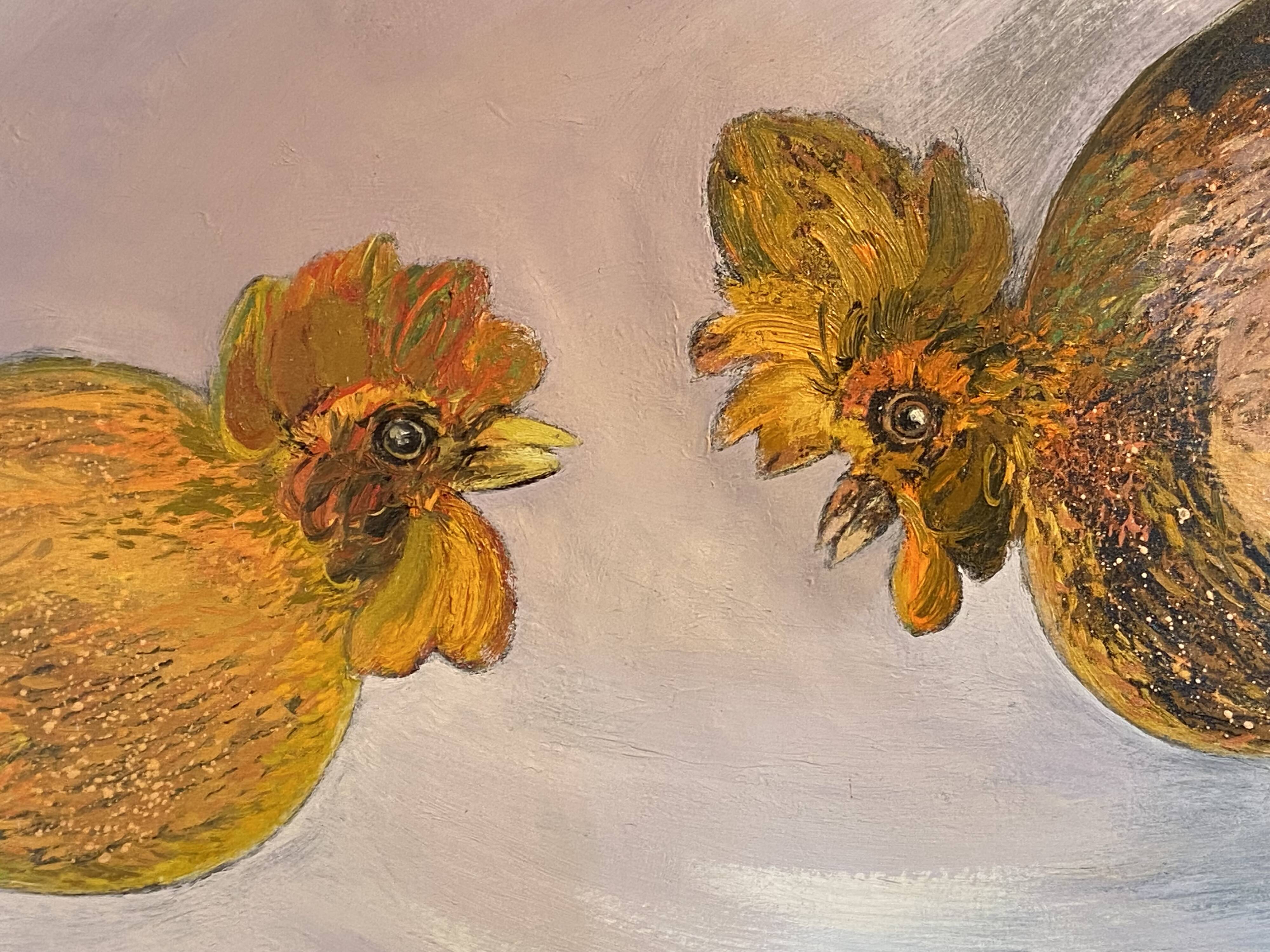 Large oil painting on canvas of a cockfight by Yves BOUGEARD