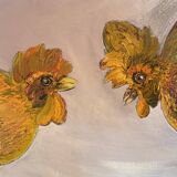 Large oil painting on canvas of a cockfight by Yves BOUGEARD