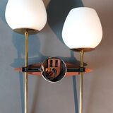 Two-light wall lamp in teak, gilded brass and white opaline Maison Lunel 1960.