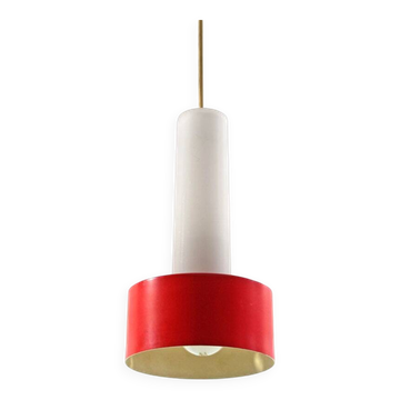 Philips Louis Kalff Mid-Century Hanging Lamp – Red and Opal Glass