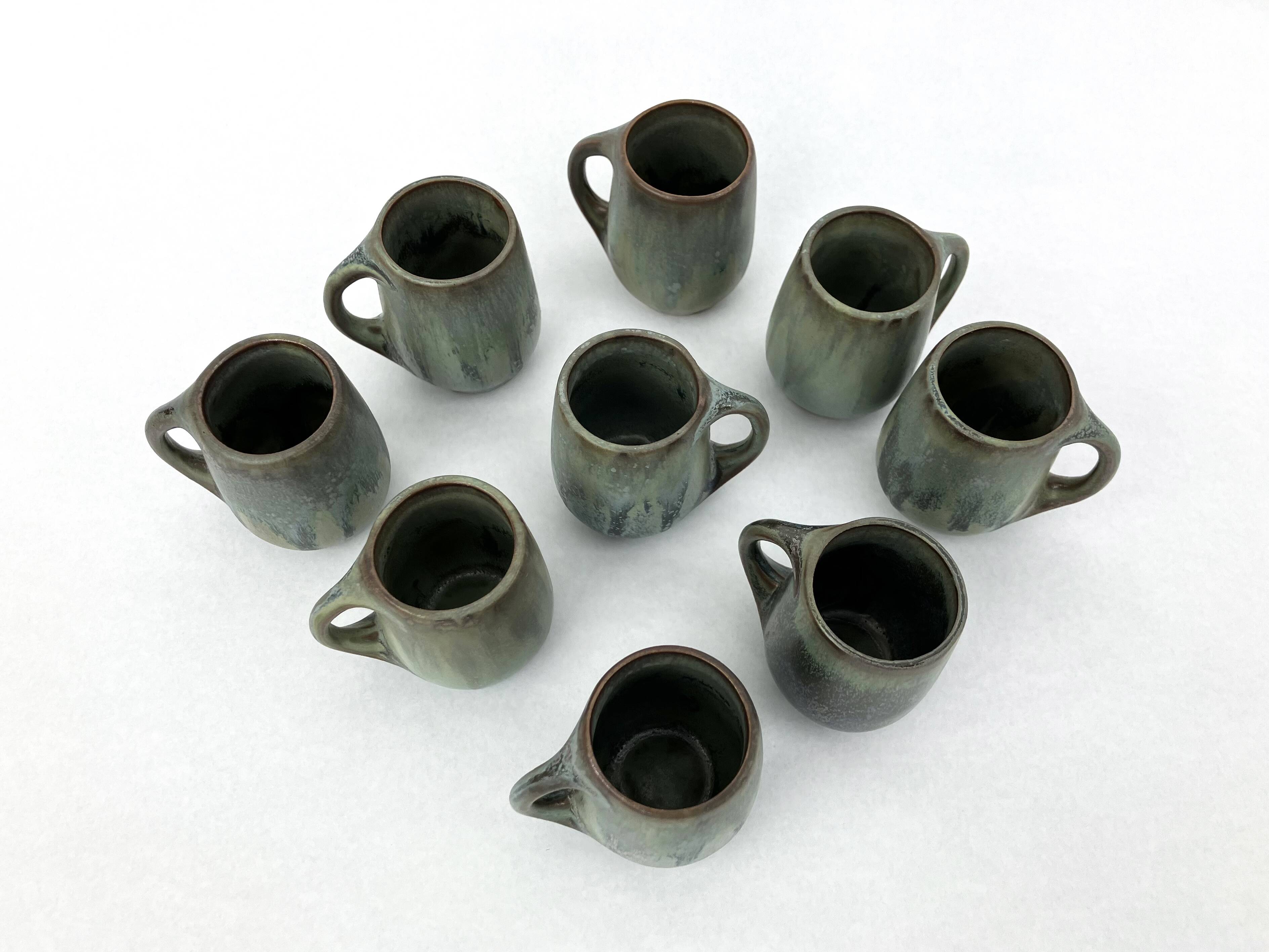 9 small denbac ceramic/flamed stoneware cups/glasses/mugs/liquor mugs • art deco • 1930
