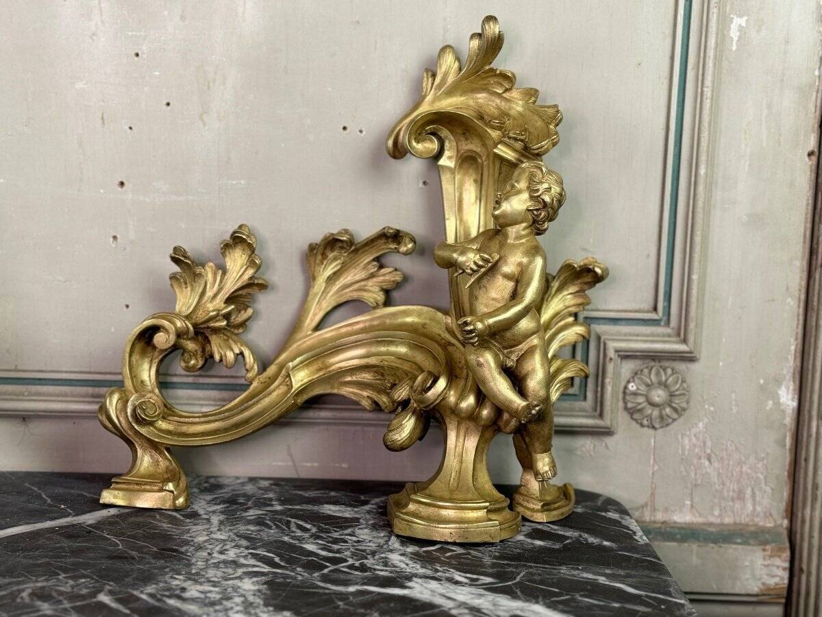Paire de chenêts en bronze ciselé et doré d'après un modèle de Jacques Caffieri, Paris XIXème