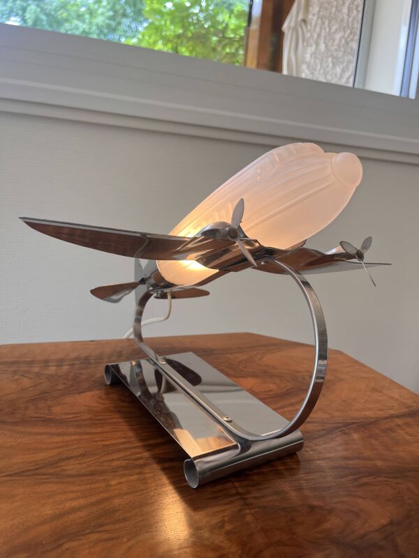 Lampe avion vintage art déco chrome et verre opalin