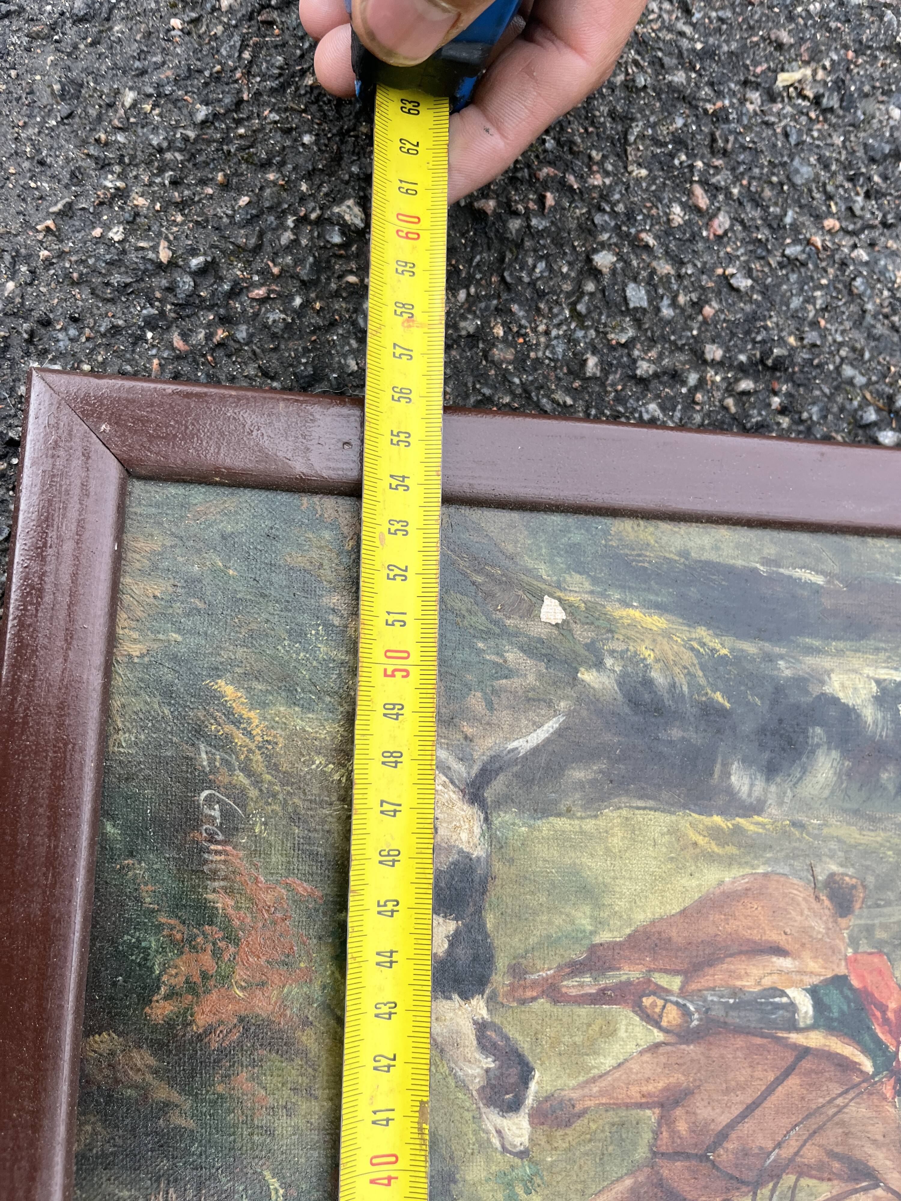 Pair of oil on canvas paintings depicting hunting scenes with deer and wild boar.