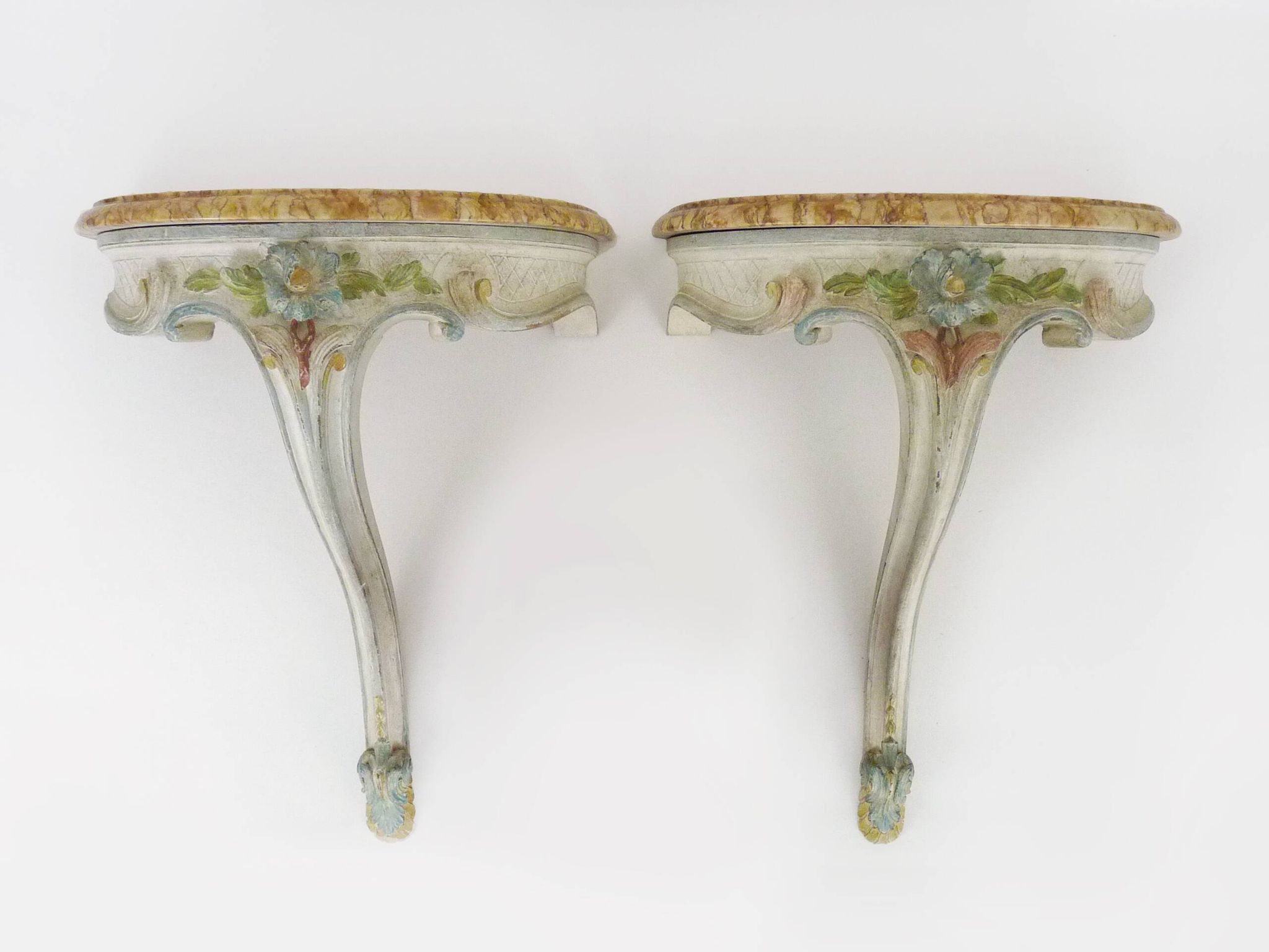 Pair of wall consoles Maison Jean Mocque in Paris in Louis XV style in lacquered polychrome wood