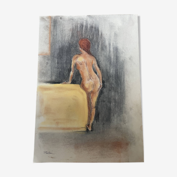 Tableau signé pastel portrait féminin « le canapé ocre » 42x30 cm