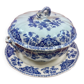 Soupière en faïence de gien & son plat, prise dauphin modèle delft bleu et