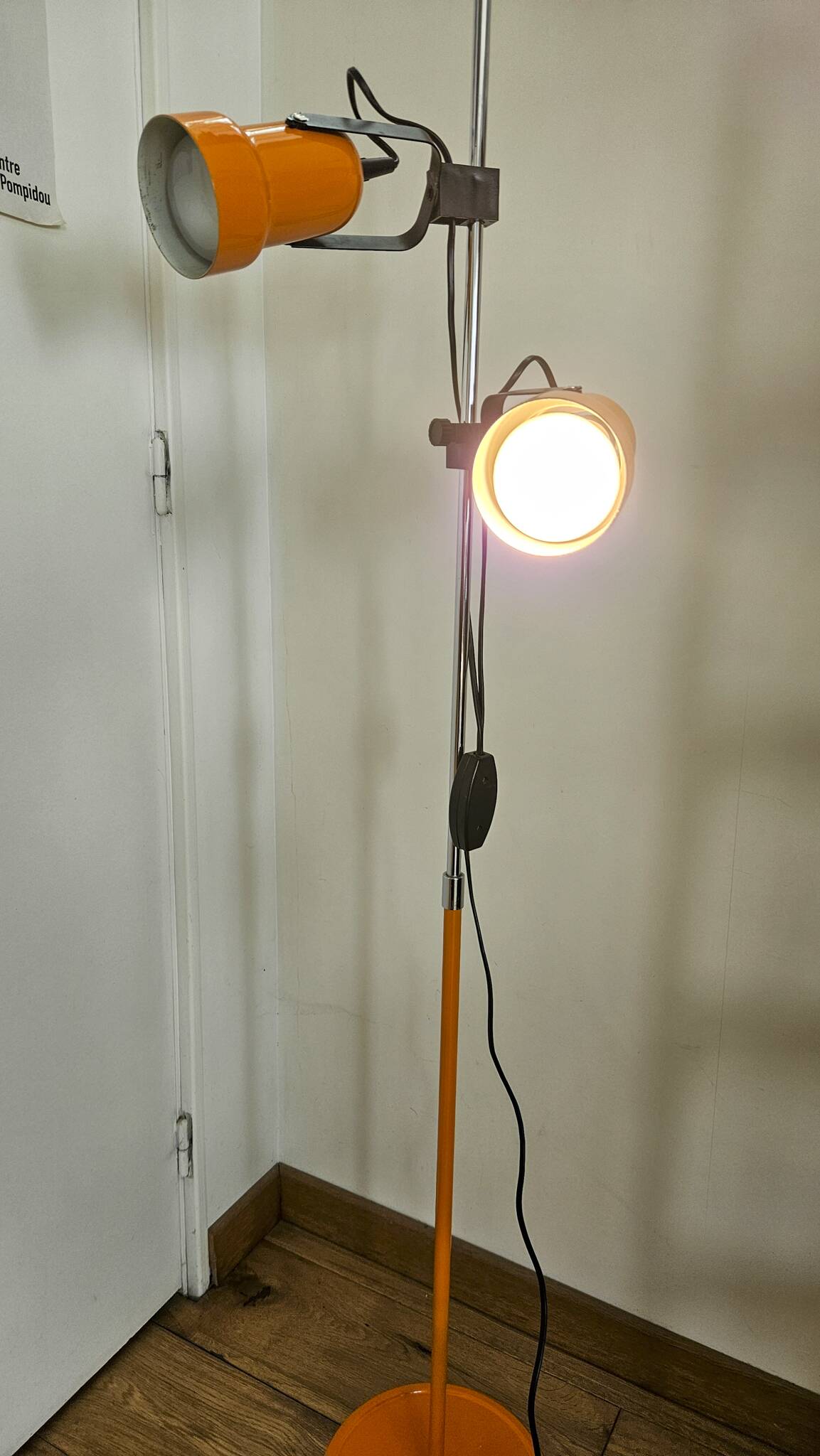 Vintage 1970s floor lamp with 2 spots, chrome, orange and black.