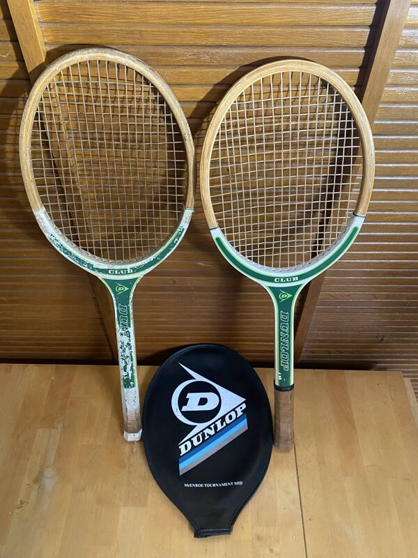 Paire raquette tennis ancienne dunlop club bois + housse sport vintage