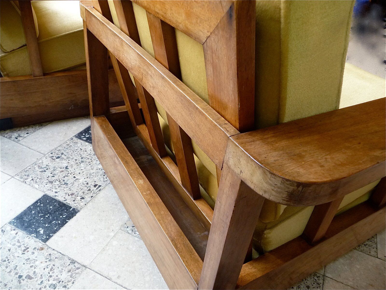 Antique Art Deco cubic-shaped armchairs in walnut and velvet, Germany, 1920s, set of 2