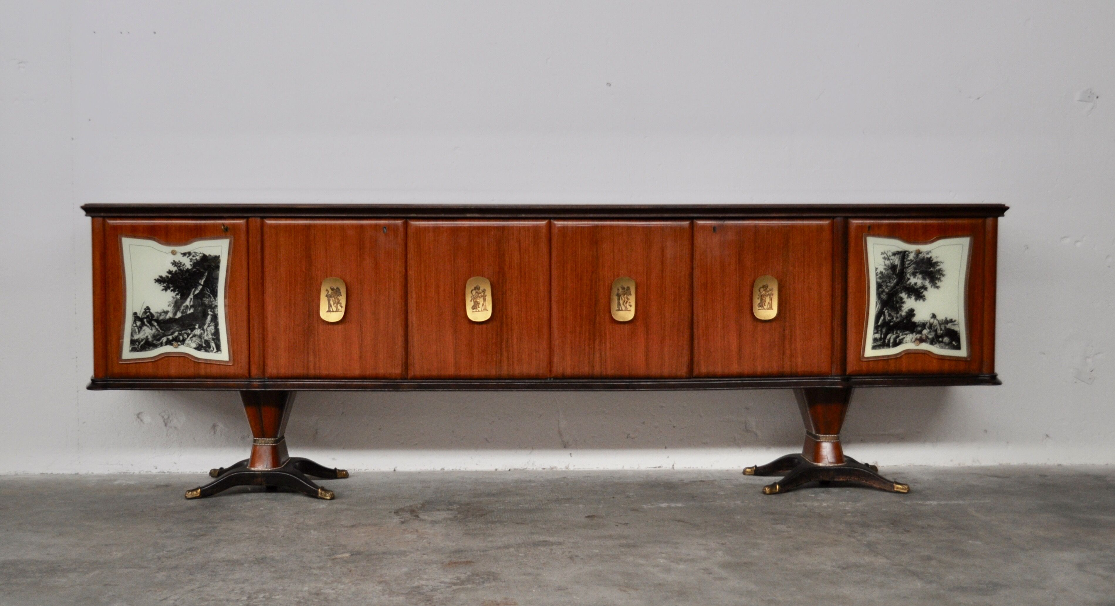 Mahogany, Pearwood, Brass & Marbled Back-Lacquered Glass Top Sideboard with Mirror from F.lli Rigamo