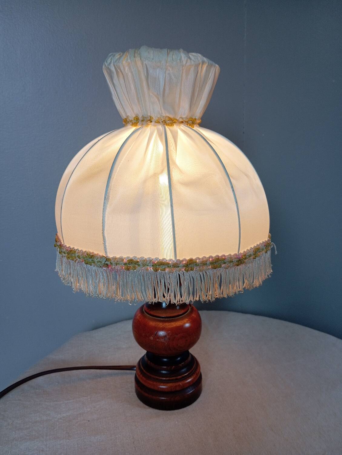 Rustic chic bedside lamp, wood and dome lampshade