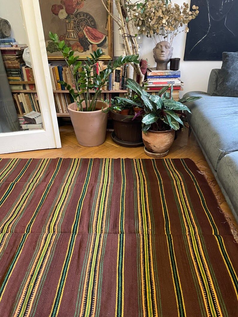 Romanian vintage carpet with stripes, made by hand in wool