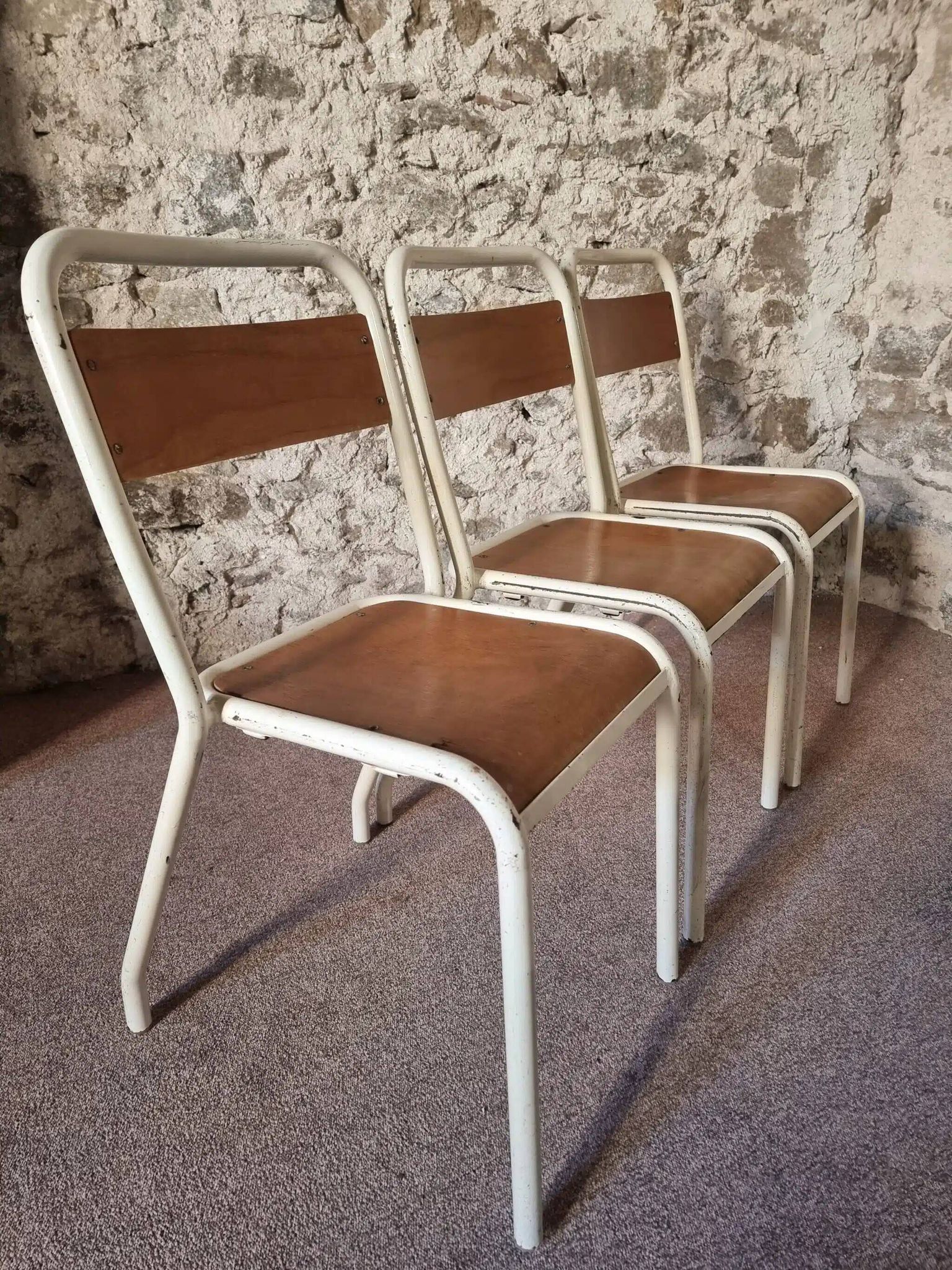 Vintage French school chairs – 1960s industrial cafe seats (set of 5)