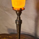 Bronze lamp signed SR 1900, yellow opaline tulip shade edged in black, Loetz, 38x14
