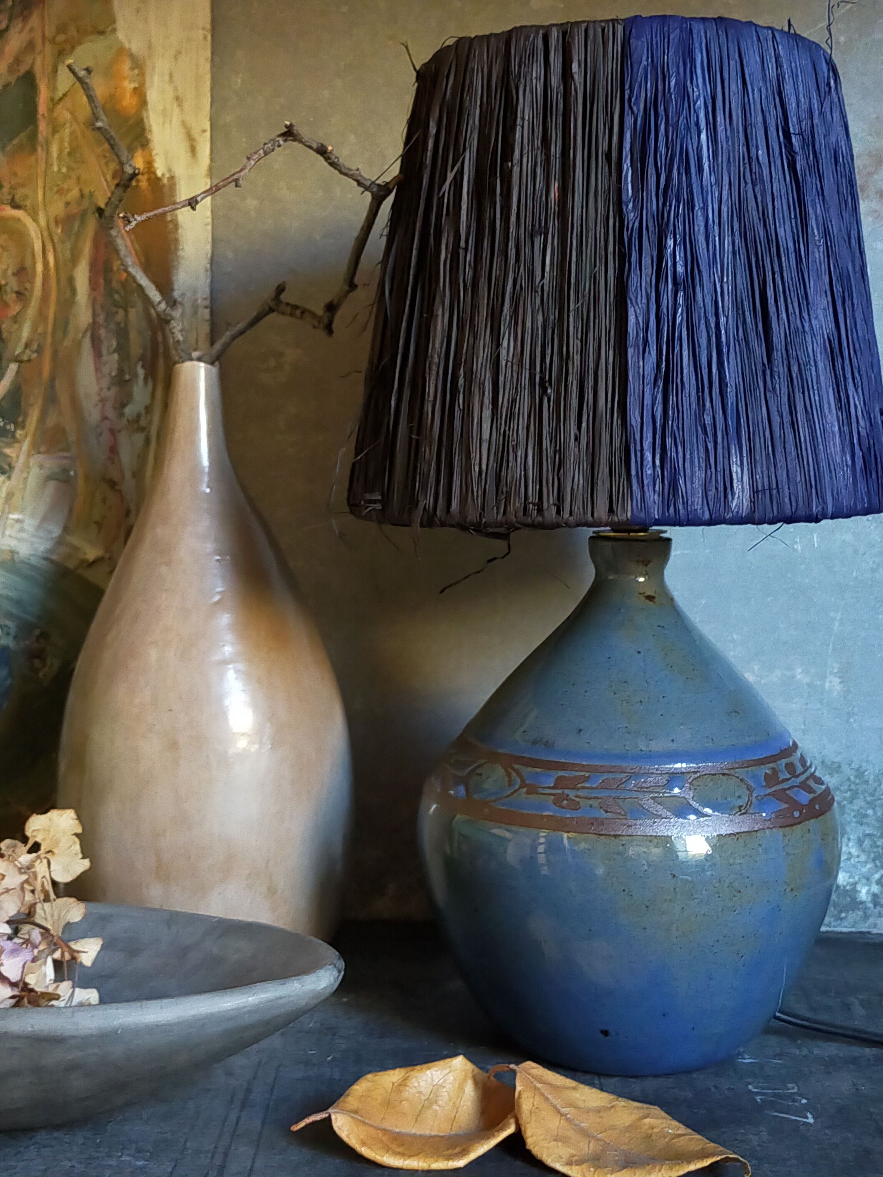 Vintage potter's ceramic table lamp, raffia lampshade