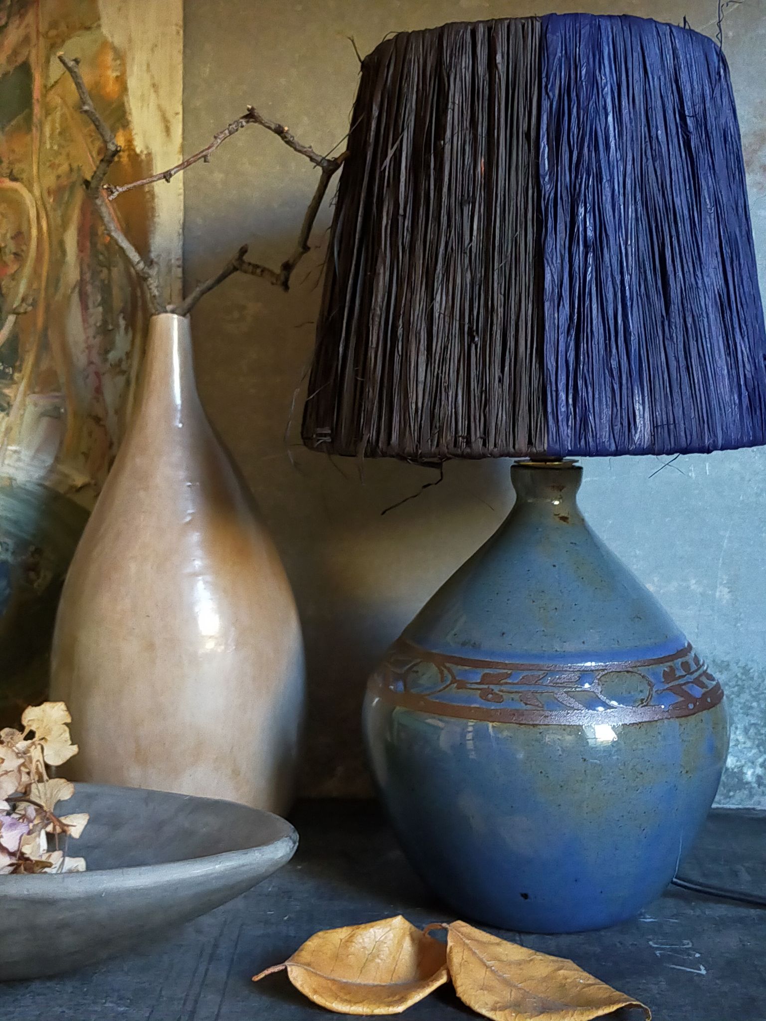 Vintage potter's ceramic table lamp, raffia lampshade