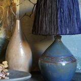 Vintage potter's ceramic table lamp, raffia lampshade