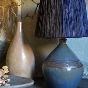 Vintage potter's ceramic table lamp, raffia lampshade