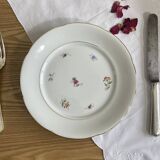 6 flat plates, antique porcelain with flowers and gilding, P L Limoges.