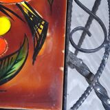 Wrought iron stool and Vallauris pottery signed Leduc.