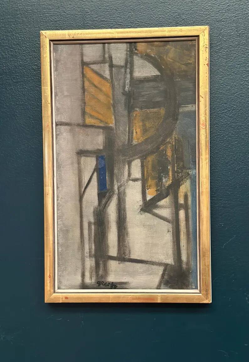 Original Danish Oil on Canvas – “Gul Figurkomposition” by P. Primdahl – Signed – Dated 1958 – Vintage & Framed – 43 × 27 cm (16.9" × 10.6")